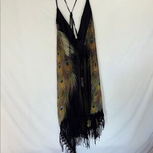Peacock Feather Print Dress with Black Lace